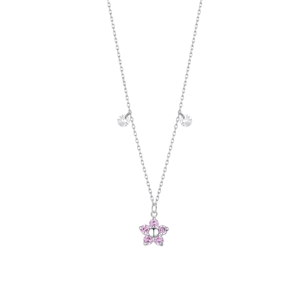 Collana Luca Barra In Acciao Con Pendente Fiore Rosa + 2 Cristalli