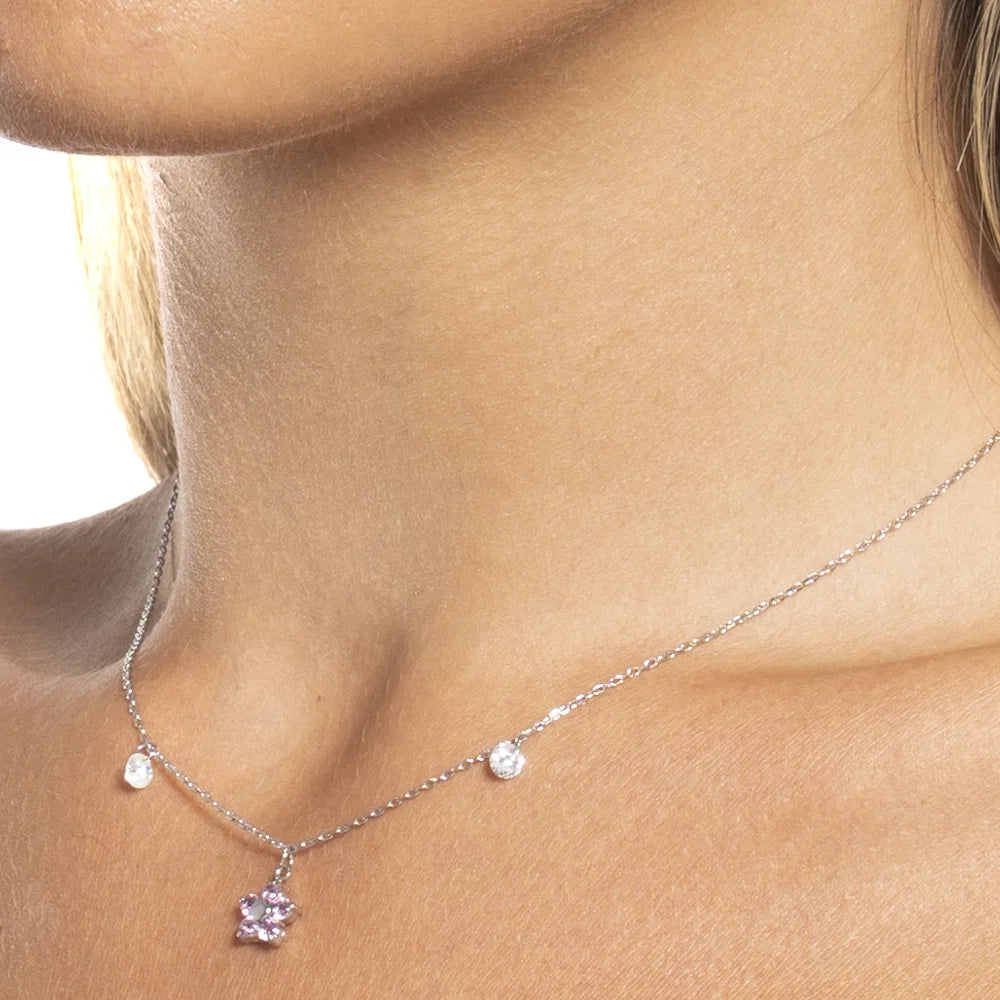 Collana Luca Barra In Acciao Con Pendente Fiore Rosa + 2 Cristalli