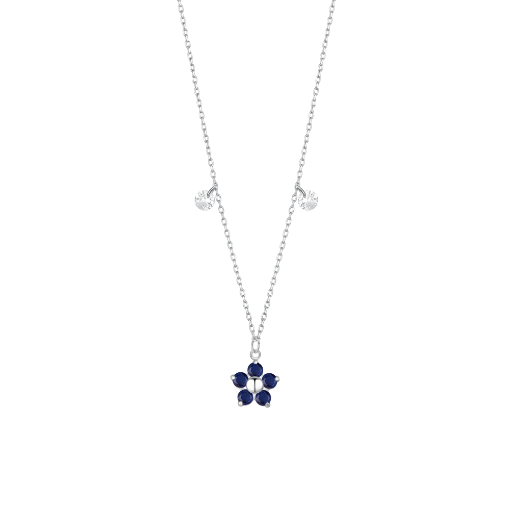Collana Luca Barra Acciao Con Pendente Fiore Petali Zirconi Blu e Cristalli