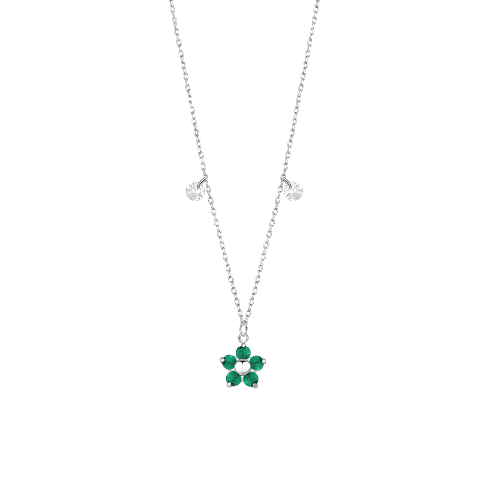 Collana Luca Barra Acciao Pendente Fiore Petali Zirconi Verdi e Cristalli