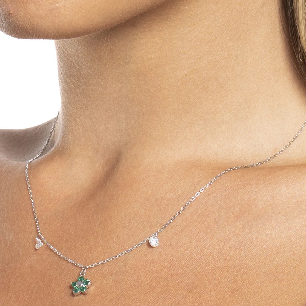 Collana Luca Barra Acciao Pendente Fiore Petali Zirconi Verdi e Cristalli