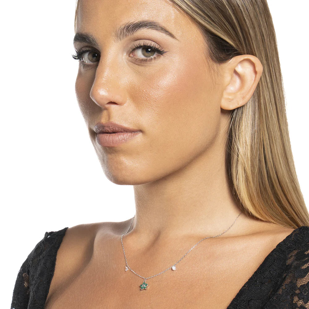 Collana Luca Barra Acciao Pendente Fiore Petali Zirconi Verdi e Cristalli