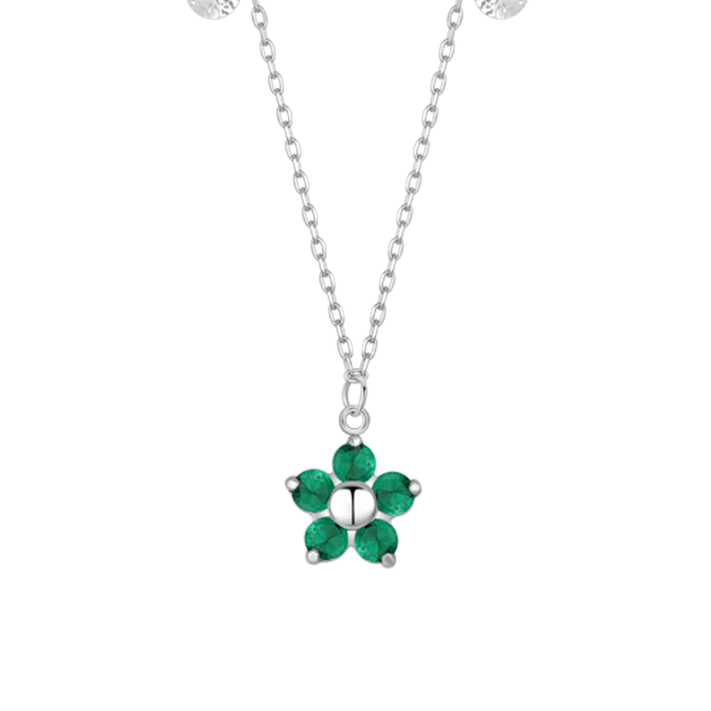 Collana Luca Barra Acciao Pendente Fiore Petali Zirconi Verdi e Cristalli
