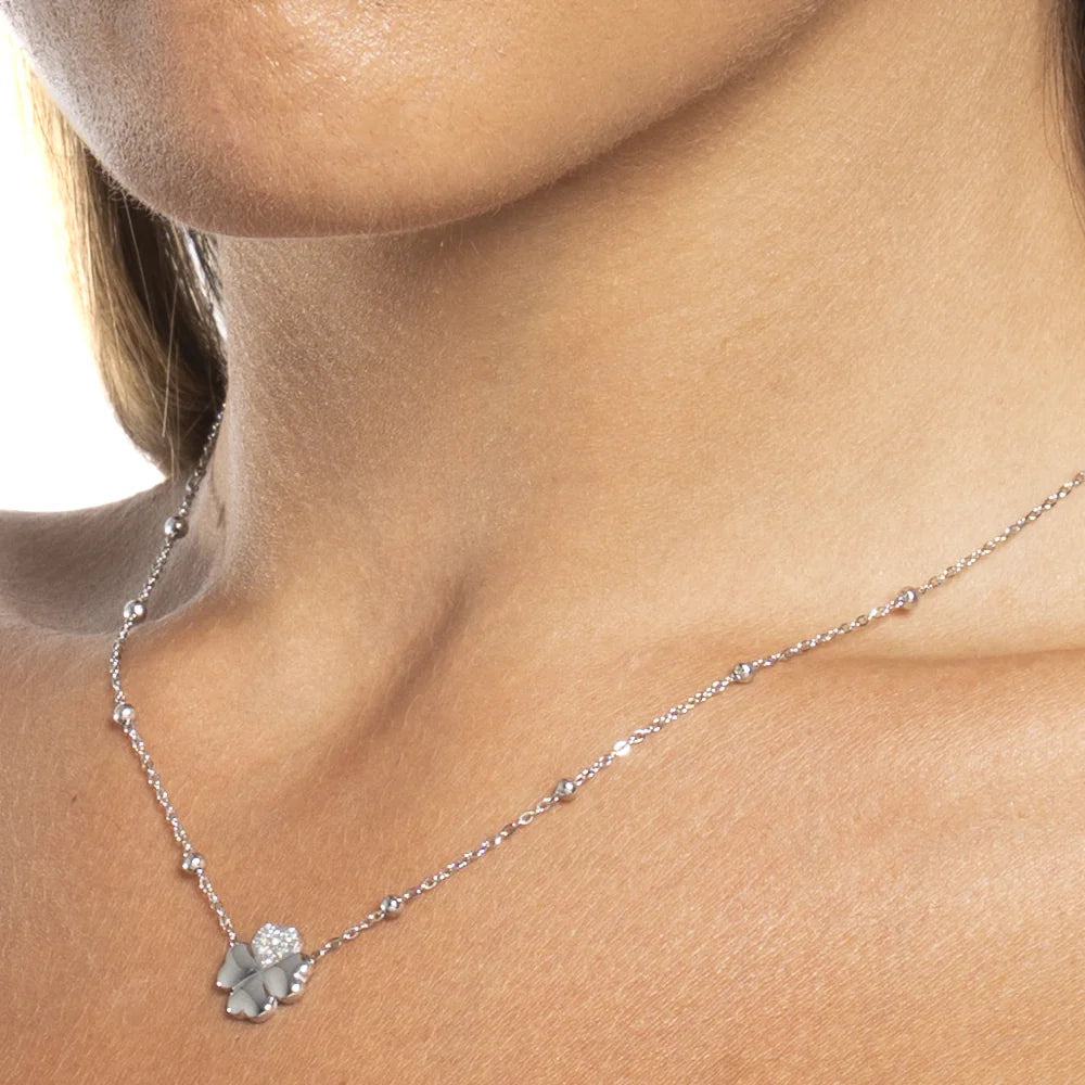 Collana Luca Barra Acciao Sferette Centrale Quadrifoglio Cristalli