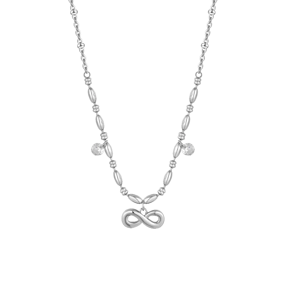 Collana Luca Barra Acciaio Centrale Maglia Chicchi Di Riso Pendenti Infinito e Cristalli