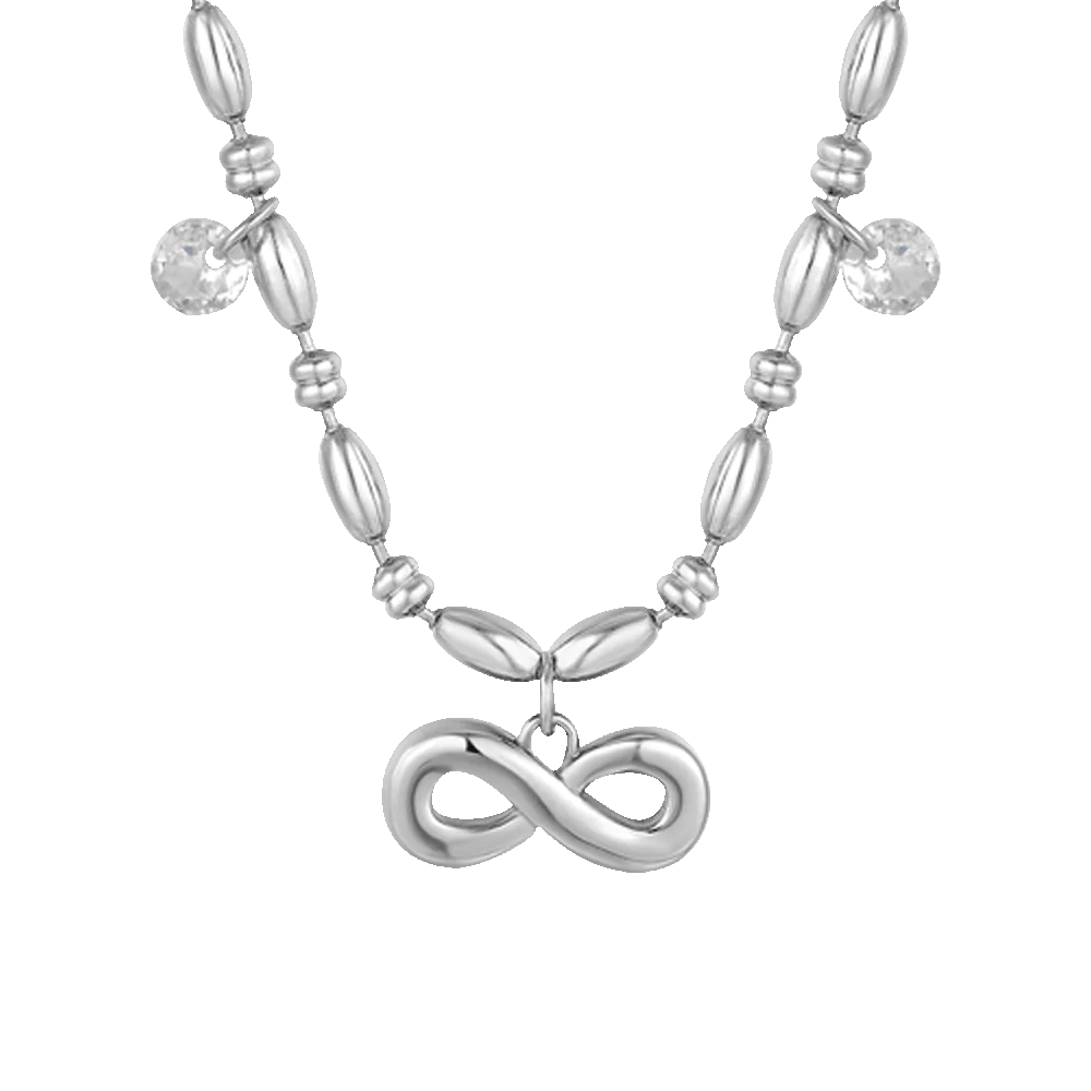 Collana Luca Barra Acciaio Centrale Maglia Chicchi Di Riso Pendenti Infinito e Cristalli