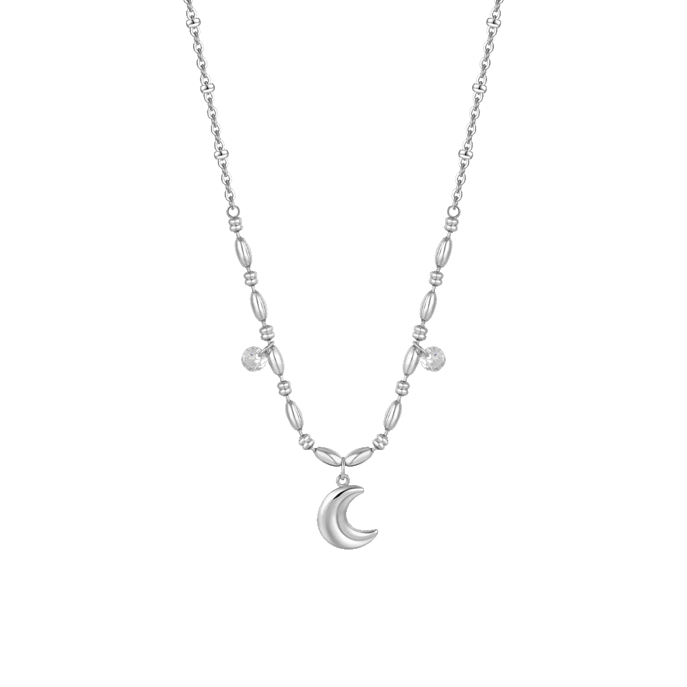 Collana Luca Barra Acciaio Centrale Maglia A Chicchi Di Riso Pendenti Mezzaluna e Cristalli
