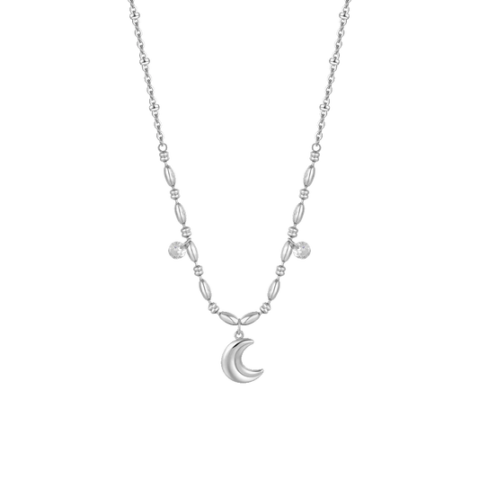 Collana Luca Barra Acciaio Centrale Maglia A Chicchi Di Riso Pendenti Mezzaluna e Cristalli