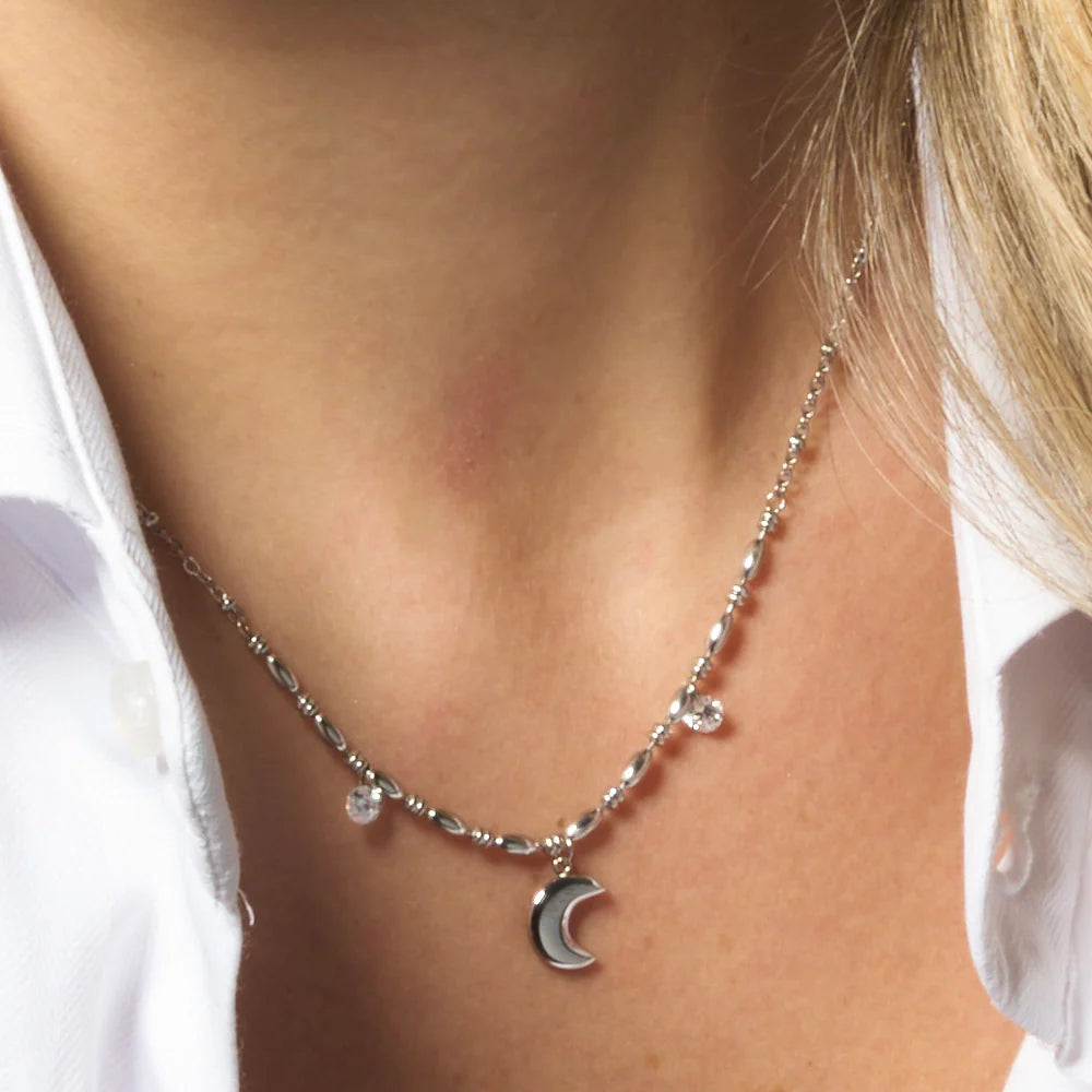 Collana Luca Barra Acciaio Centrale Maglia A Chicchi Di Riso Pendenti Mezzaluna e Cristalli