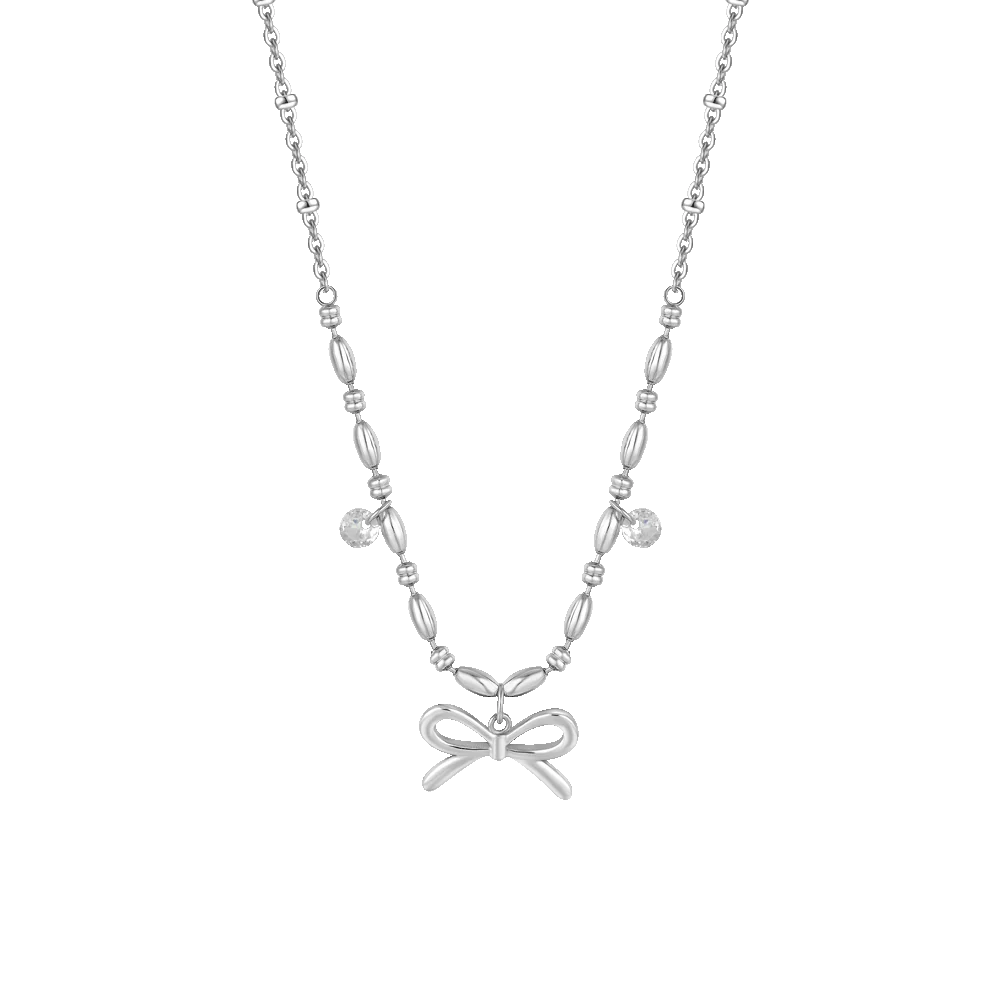 Collana Luca Barra Acciaio Centrale Maglia A Chicchi Di Riso Pendenti Fiocco/Cristalli