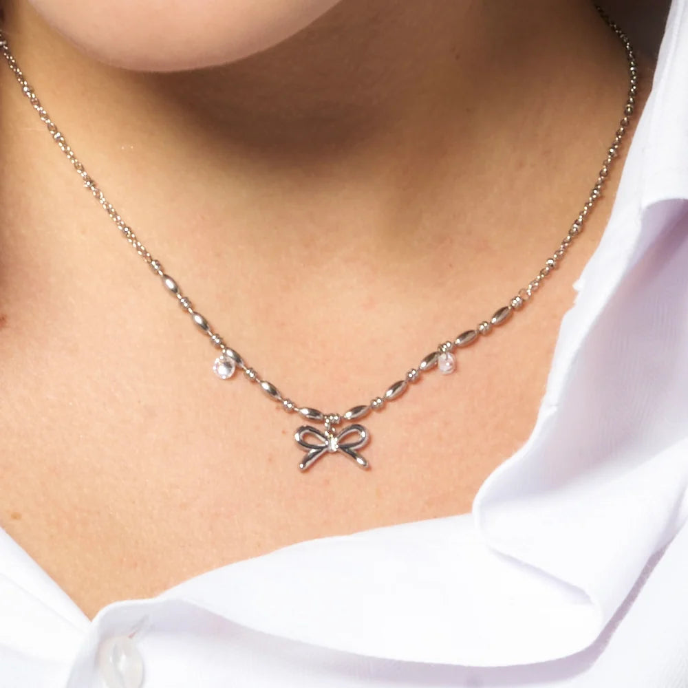 Collana Luca Barra Acciaio Centrale Maglia A Chicchi Di Riso Pendenti Fiocco/Cristalli