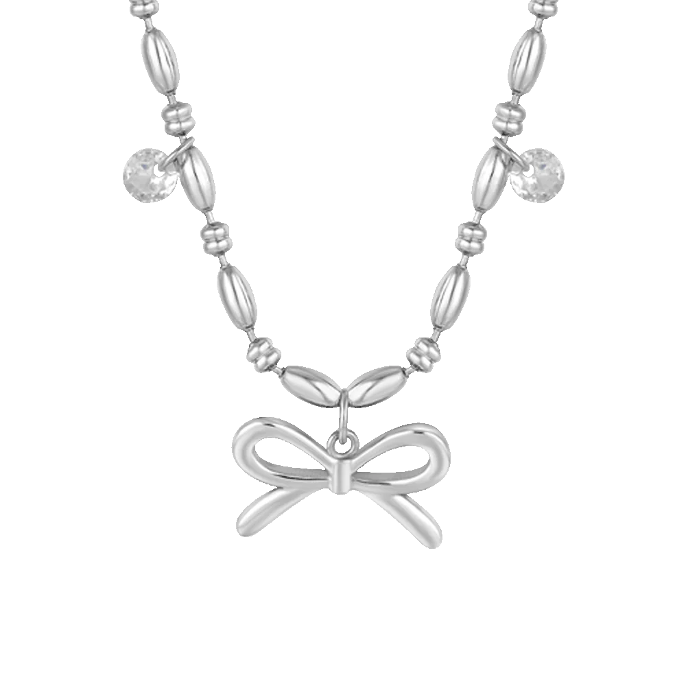Collana Luca Barra Acciaio Centrale Maglia A Chicchi Di Riso Pendenti Fiocco/Cristalli