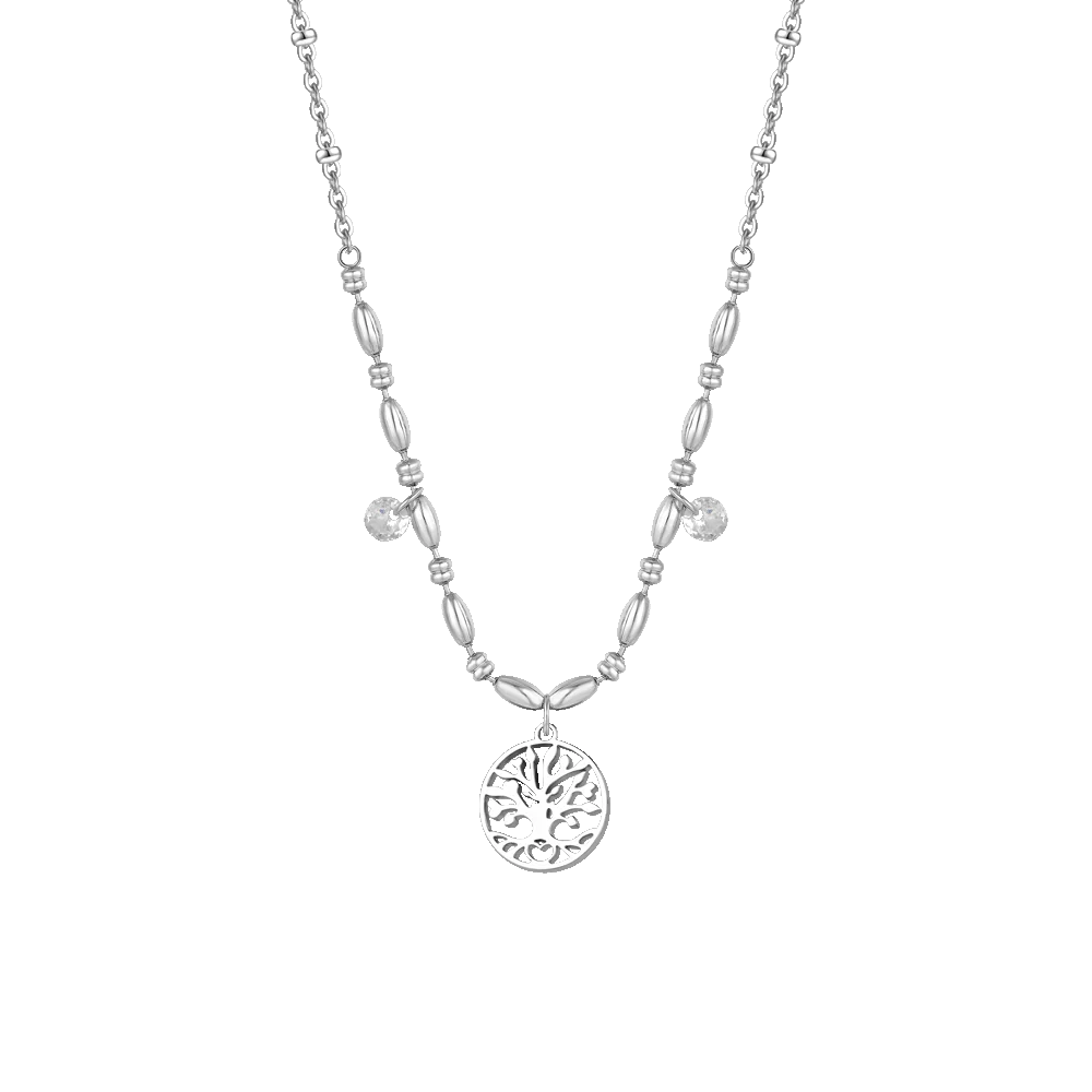 Collana Luca Barra Acciaio Centrale Maglia A Chicchi Di Riso Pendente Albero Della Vita