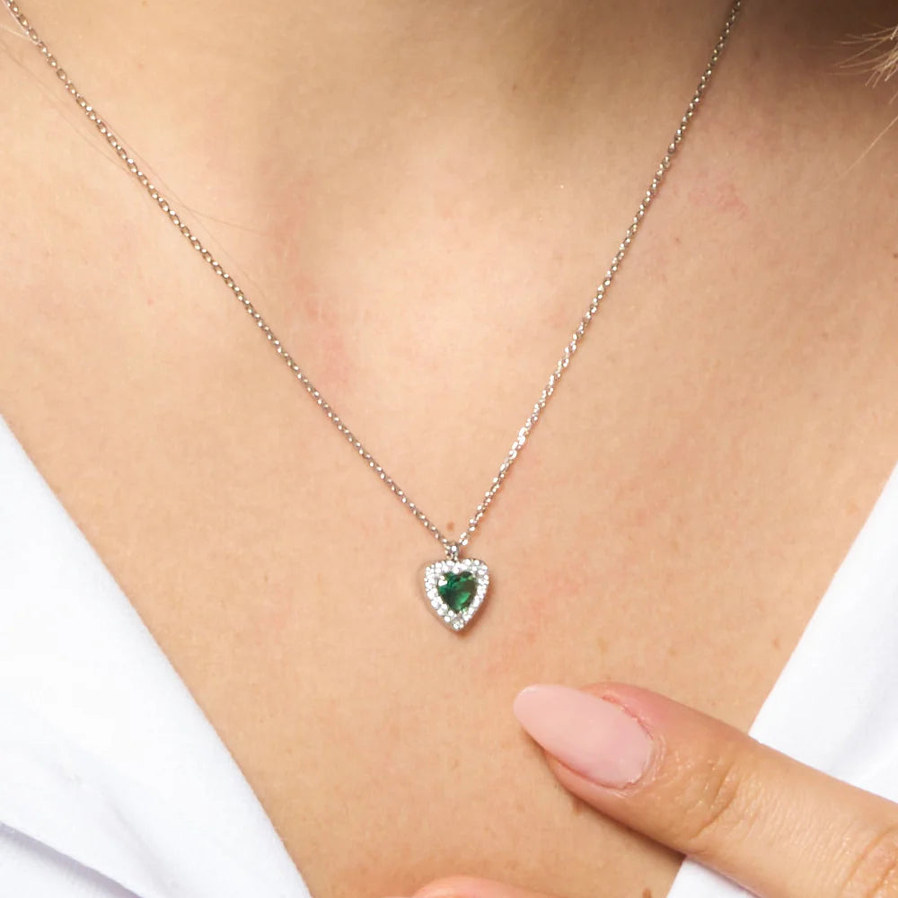 Collana Luca Barra Acciaio Pendente Cuore Cristallo Verde Contornato