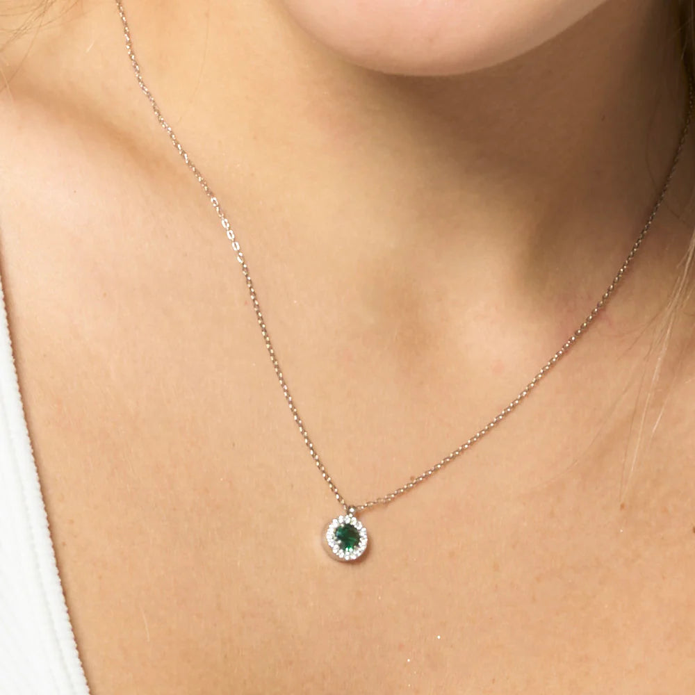 Collana Luca Barra Acciaio Pendente Tondo Cristallo Verde Contornato