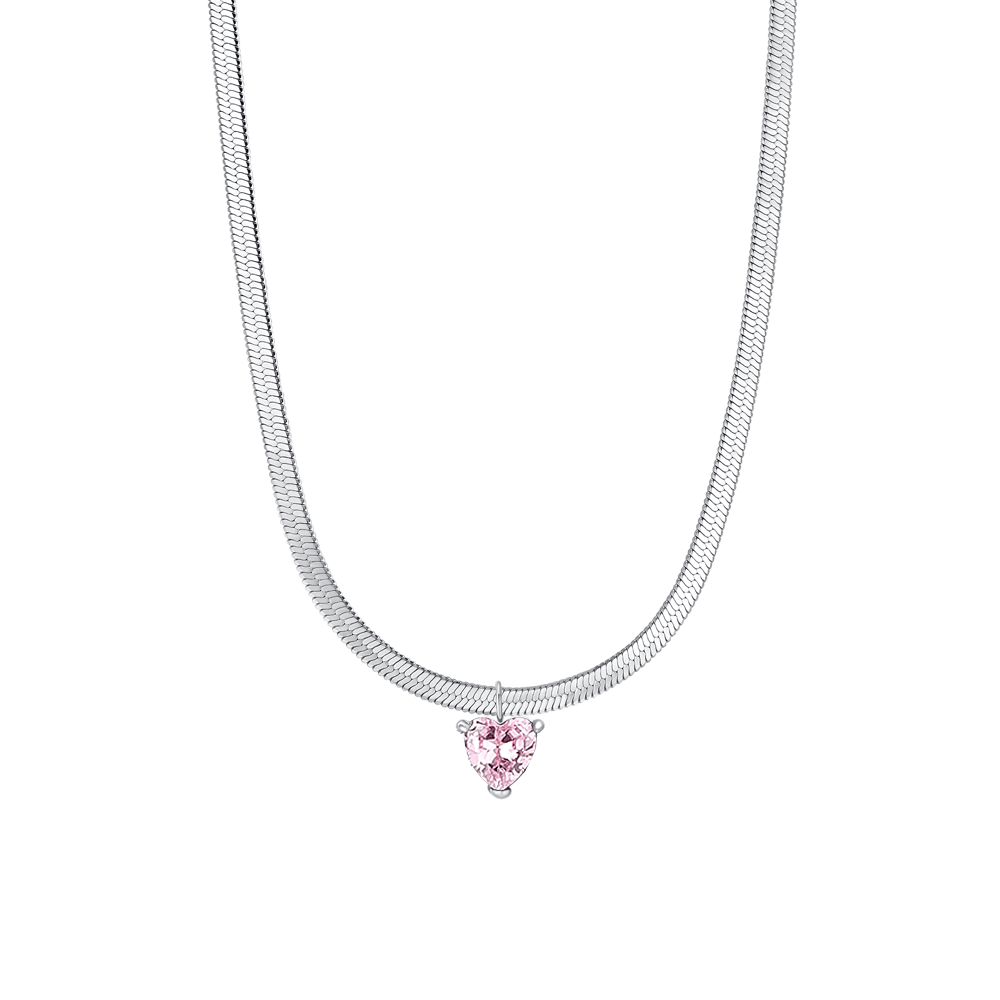 Collana Luca Barra Acciaio Maglia Snake Pendente Cristallo Rosa Cuore