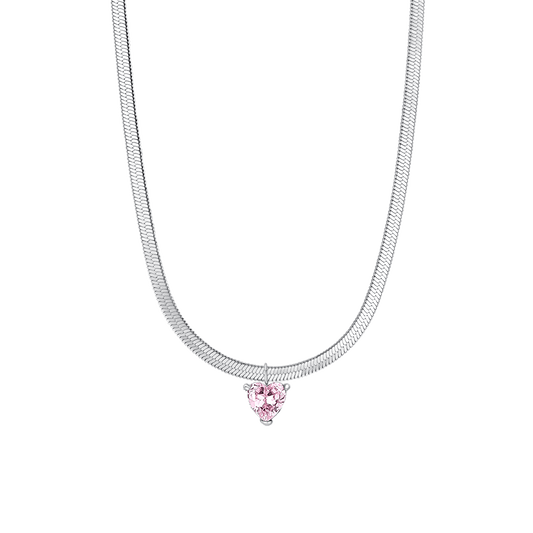 Collana Luca Barra Acciaio Maglia Snake Pendente Cristallo Rosa Cuore