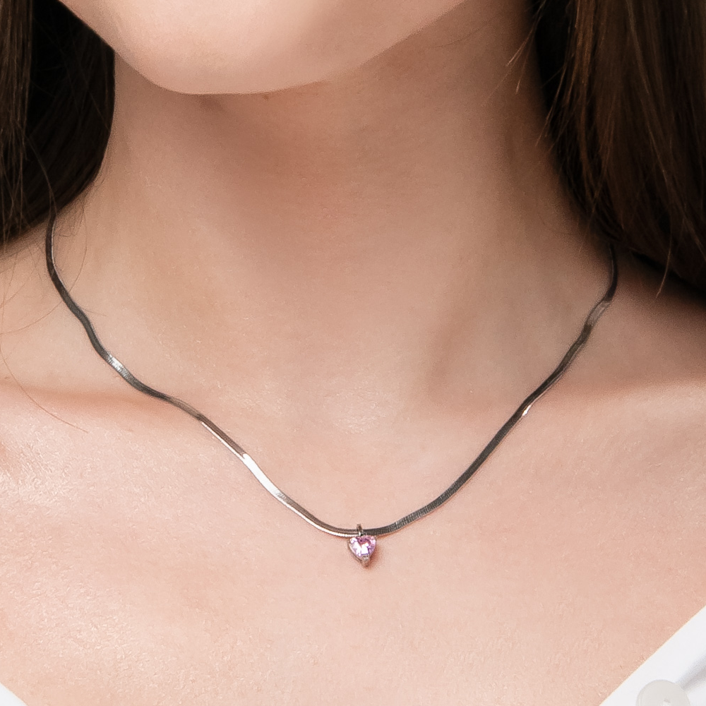 Collana Luca Barra Acciaio Maglia Snake Pendente Cristallo Rosa Cuore