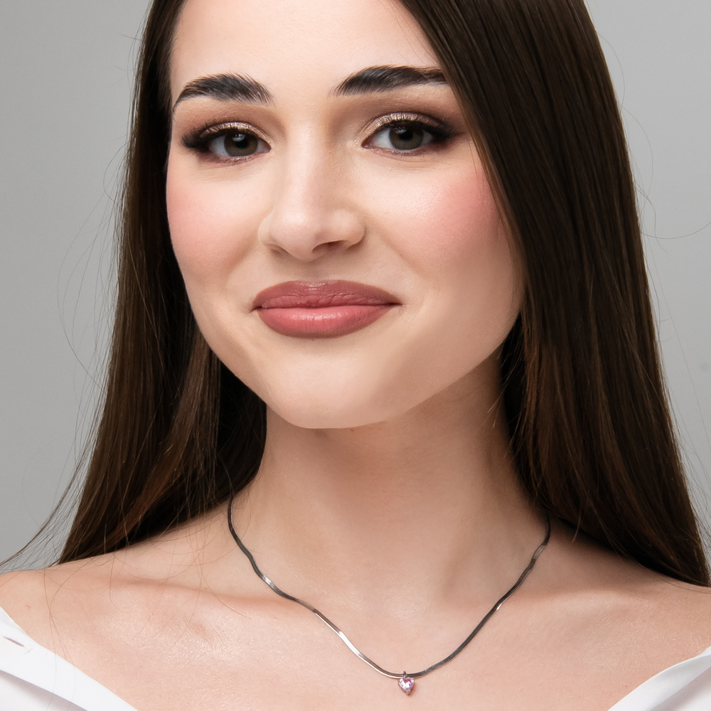 Collana Luca Barra Acciaio Maglia Snake Pendente Cristallo Rosa Cuore