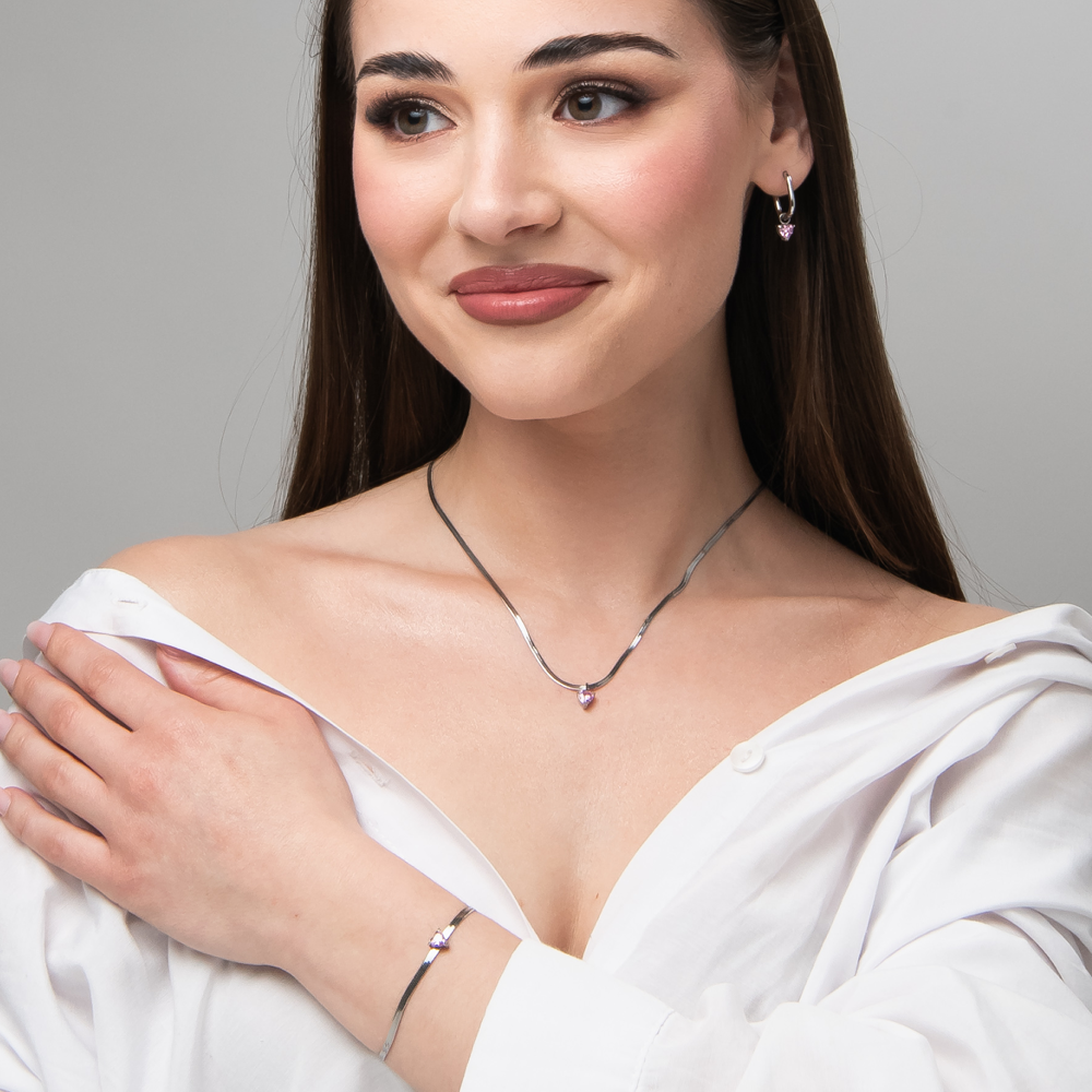 Collana Luca Barra Acciaio Maglia Snake Pendente Cristallo Rosa Cuore