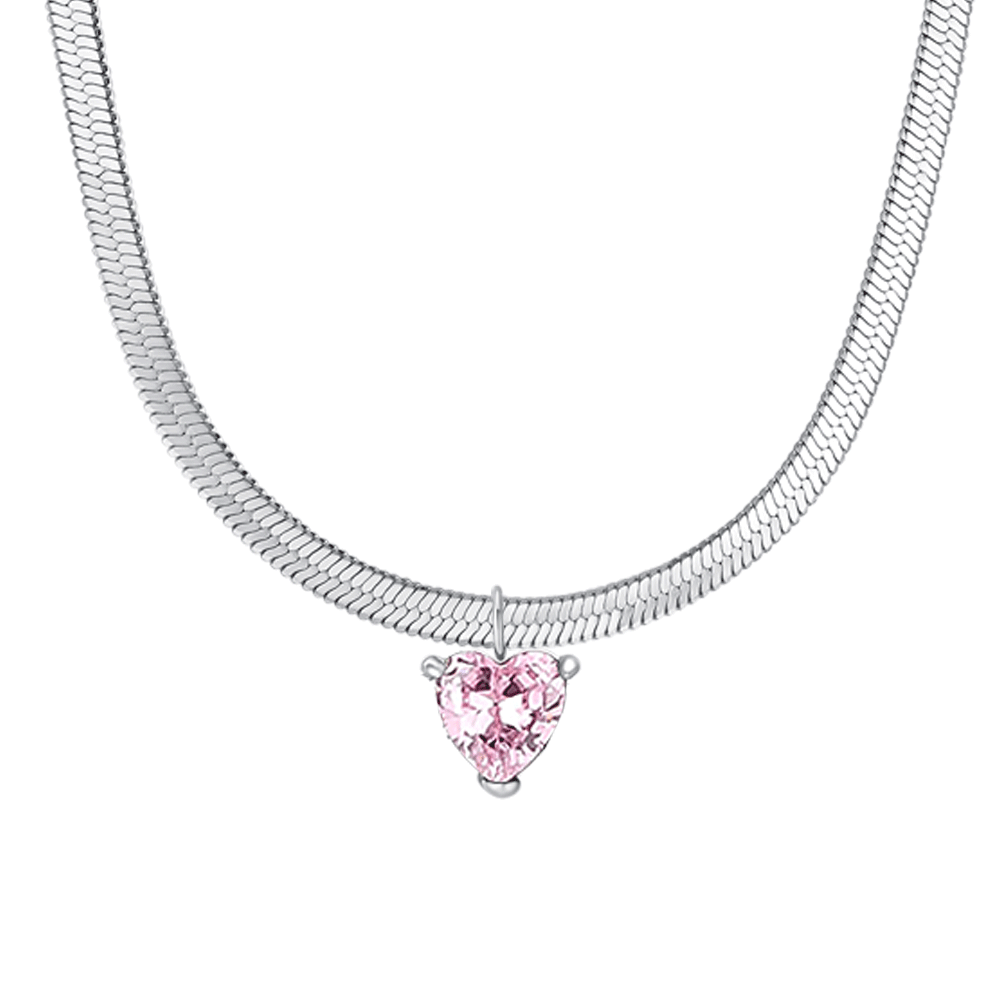 Collana Luca Barra Acciaio Maglia Snake Pendente Cristallo Rosa Cuore