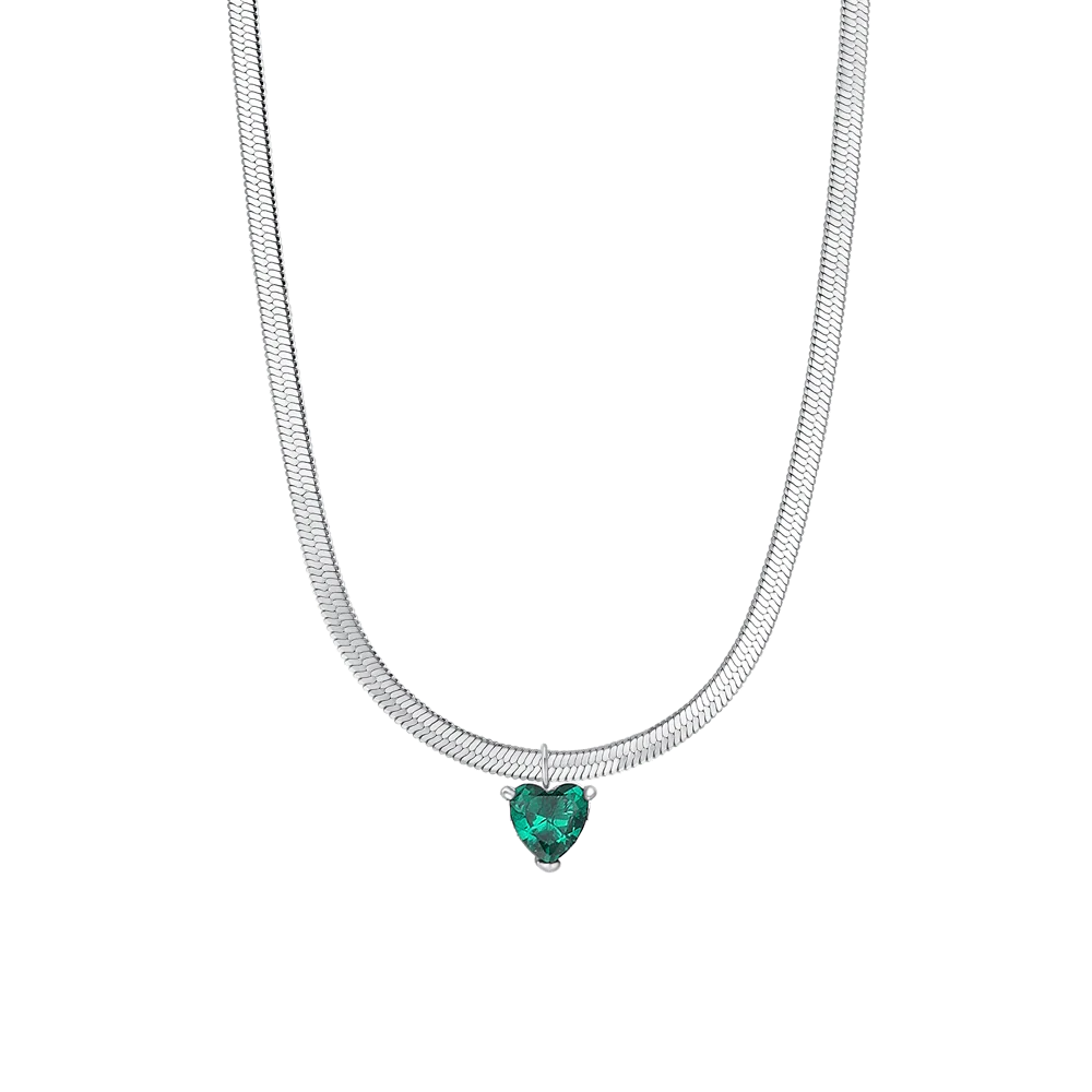 Collana Luca Barra Acciaio Maglia Snake Pendente Cristallo Verde Cuore