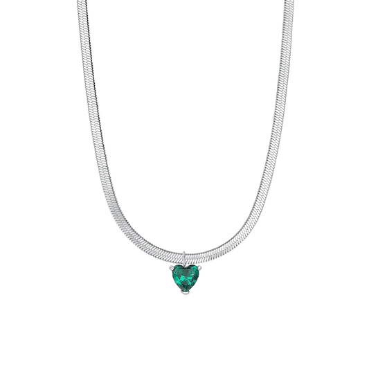 Collana Luca Barra Acciaio Maglia Snake Pendente Cristallo Verde Cuore