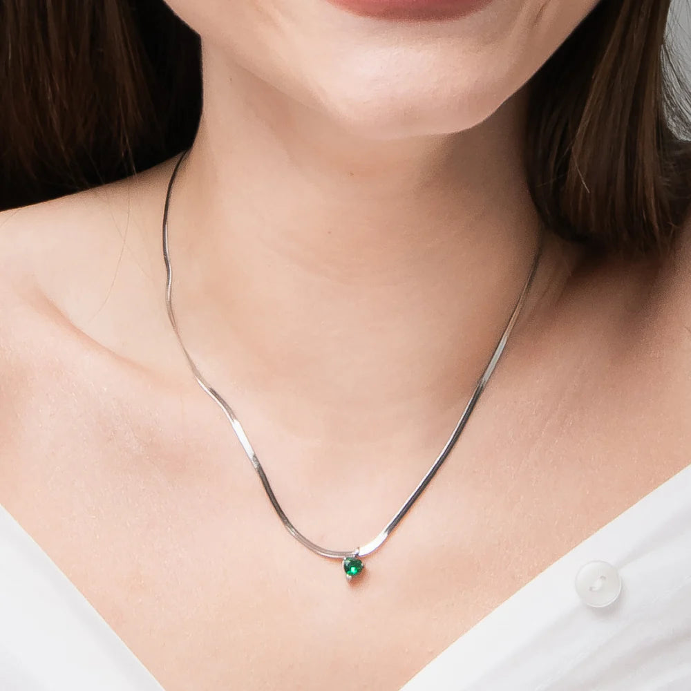 Collana Luca Barra Acciaio Maglia Snake Pendente Cristallo Verde Cuore