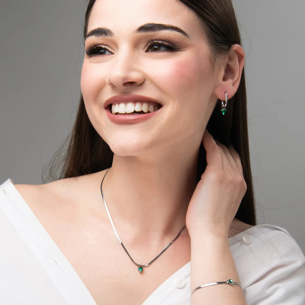 Collana Luca Barra Acciaio Maglia Snake Pendente Cristallo Verde Cuore