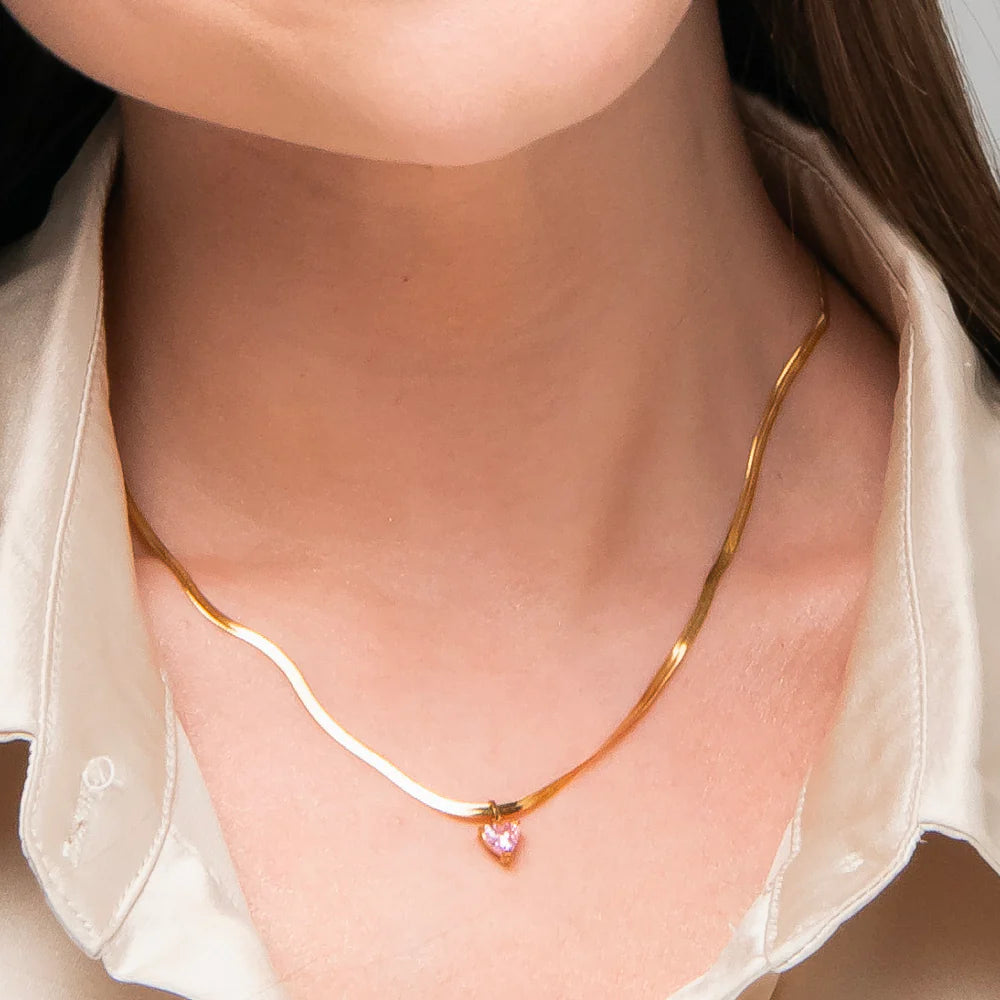 Collana Luca Barra Pvd Oro Maglia Snake Pendente Cristallo Rosa Cuore