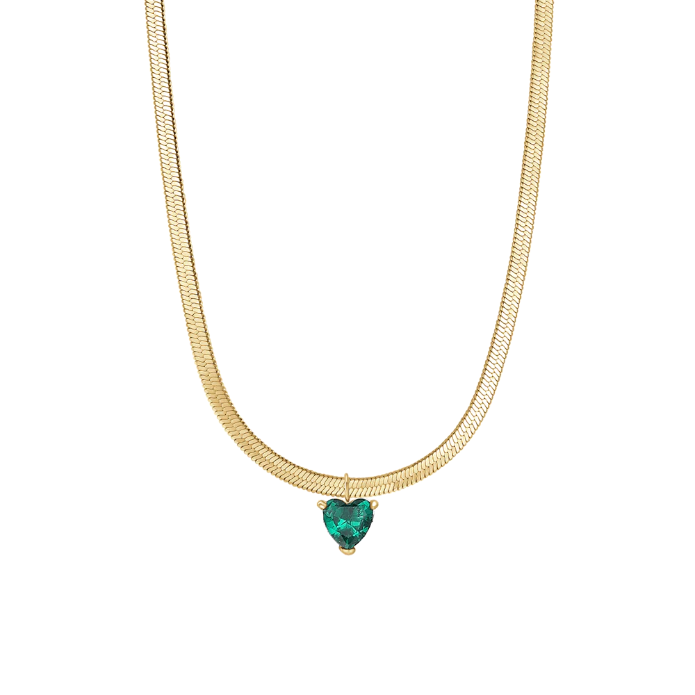 Collana Luca Barra Pvd Oro Maglia Snake Pendente Cristallo Verde Cuore