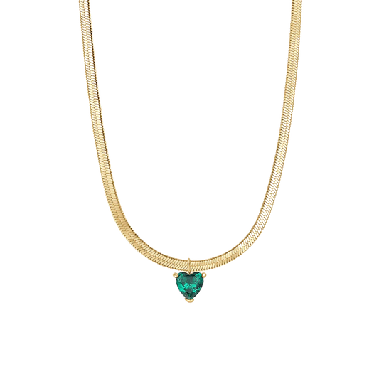Collana Luca Barra Pvd Oro Maglia Snake Pendente Cristallo Verde Cuore
