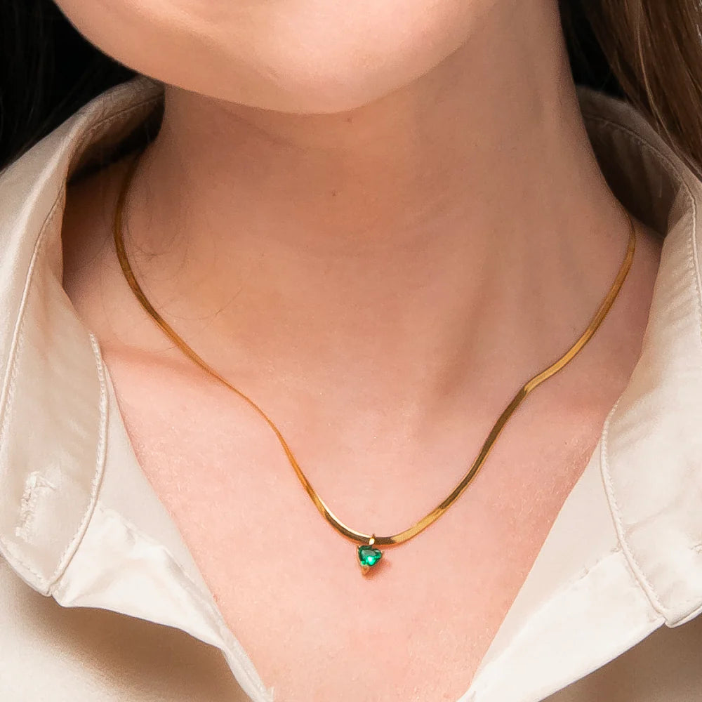 Collana Luca Barra Pvd Oro Maglia Snake Pendente Cristallo Verde Cuore