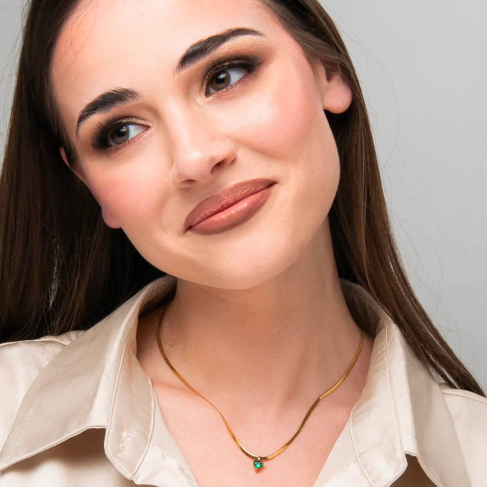 Collana Luca Barra Pvd Oro Maglia Snake Pendente Cristallo Verde Cuore