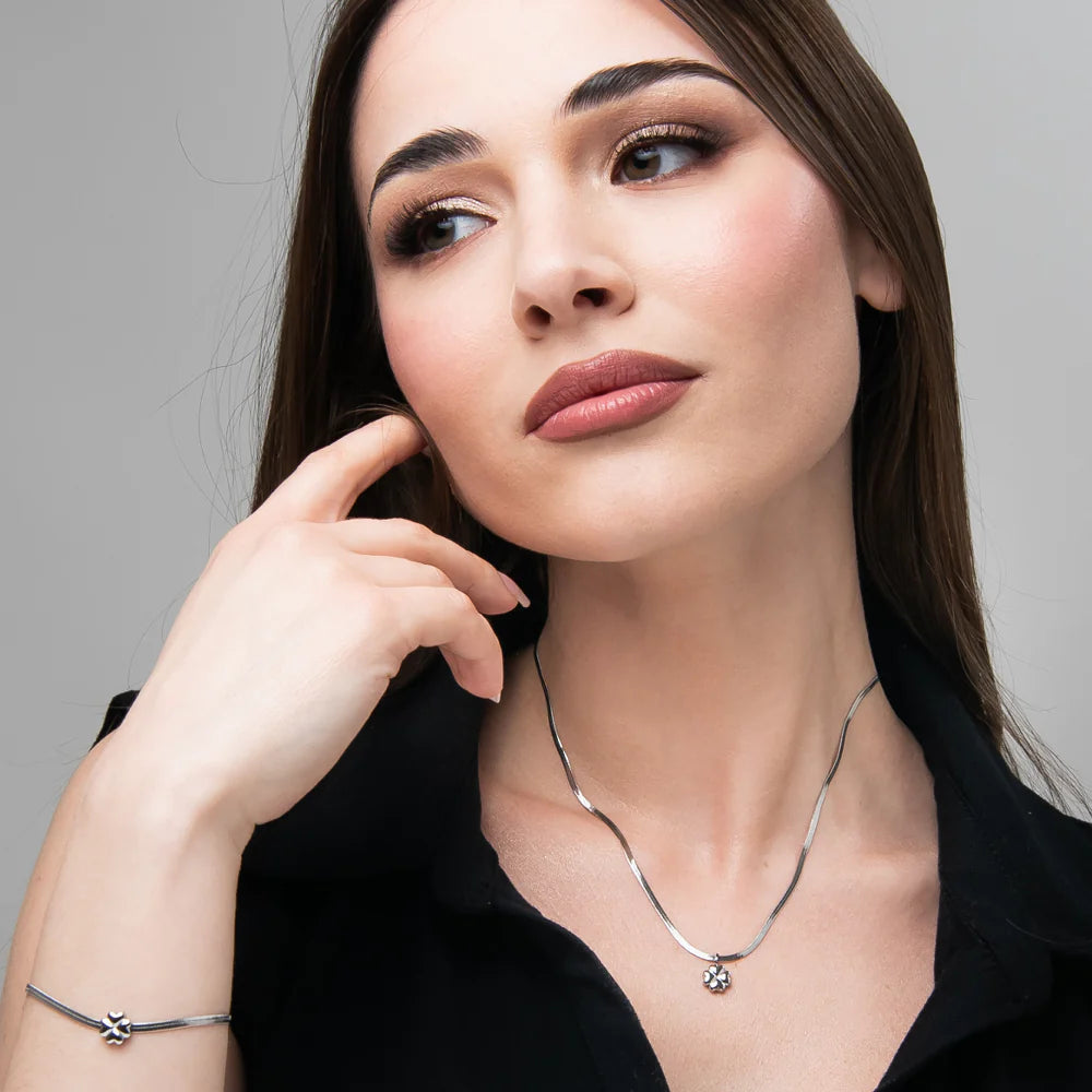 Collana Luca Barra Acciaio Maglia Snake Pendente Quadrifoglio