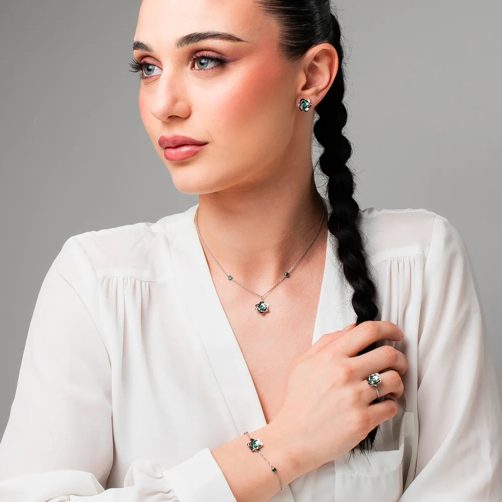 Collana Luca Barra Acciaio Pendente Fiore Cristallo Verde