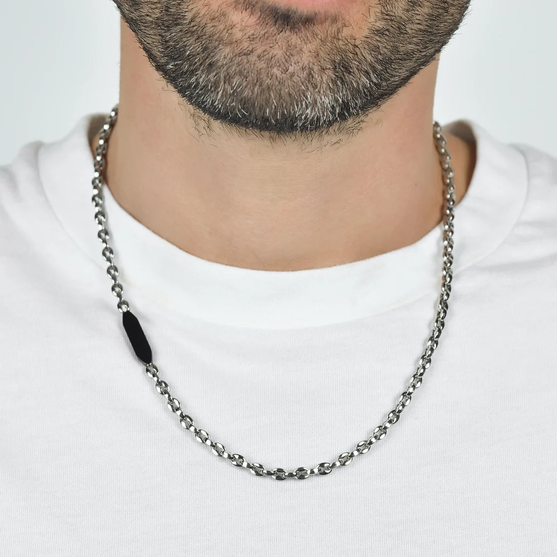 Collana Uomo Luca Barra Acciaio Catena Maglia Marinara Bombata Con Piastrina Pvd Nero
