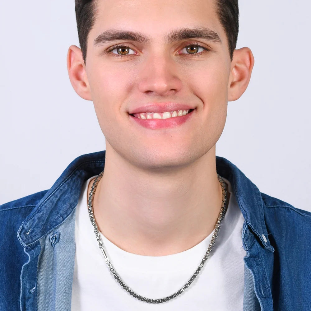 Collana Uomo Luca Barra Acciaio Catena A Maglia Intrecciata Con Elemento Cilindrico