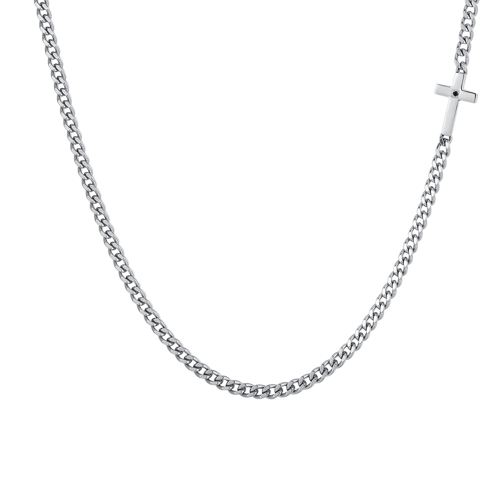Collana Uomo Luca Barra Acciaio Catena Grumetta Con Croce Laterale e Cristallo Nero