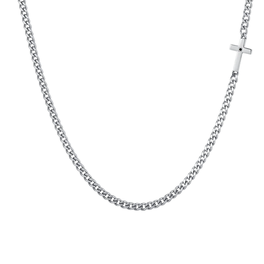 Collana Uomo Luca Barra Acciaio Catena Grumetta Con Croce Laterale e Cristallo Nero