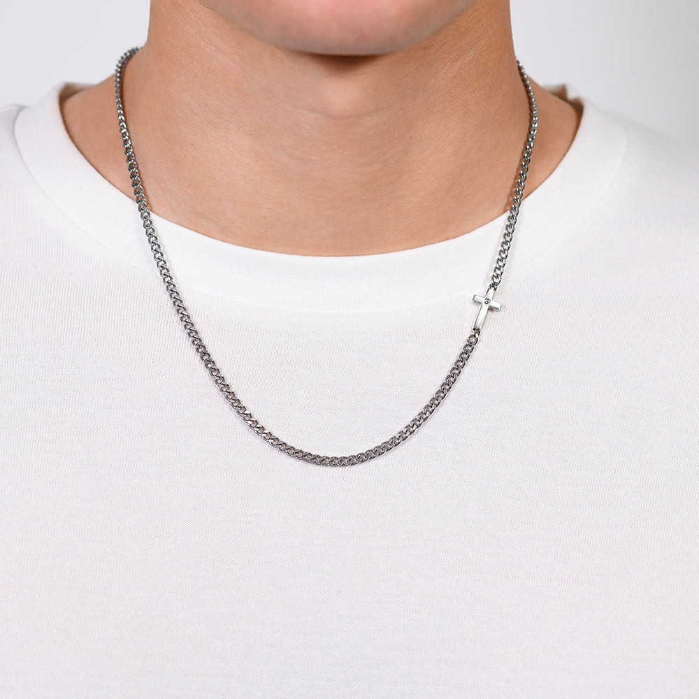 Collana Uomo Luca Barra Acciaio Catena Grumetta Con Croce Laterale e Cristallo Nero