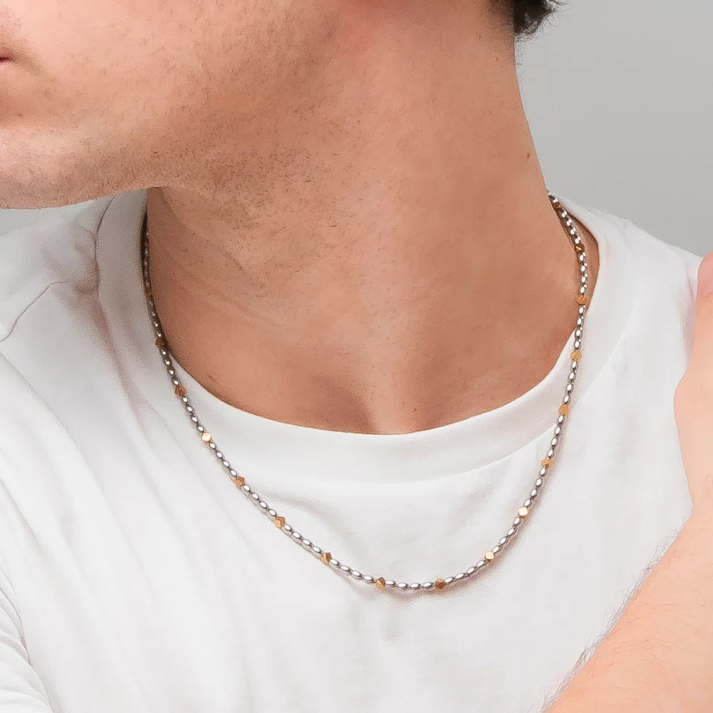 Collana Uomo Luca Barra Acciaio Maglia Chicchi Di Riso Con Ematite Pvd Oro