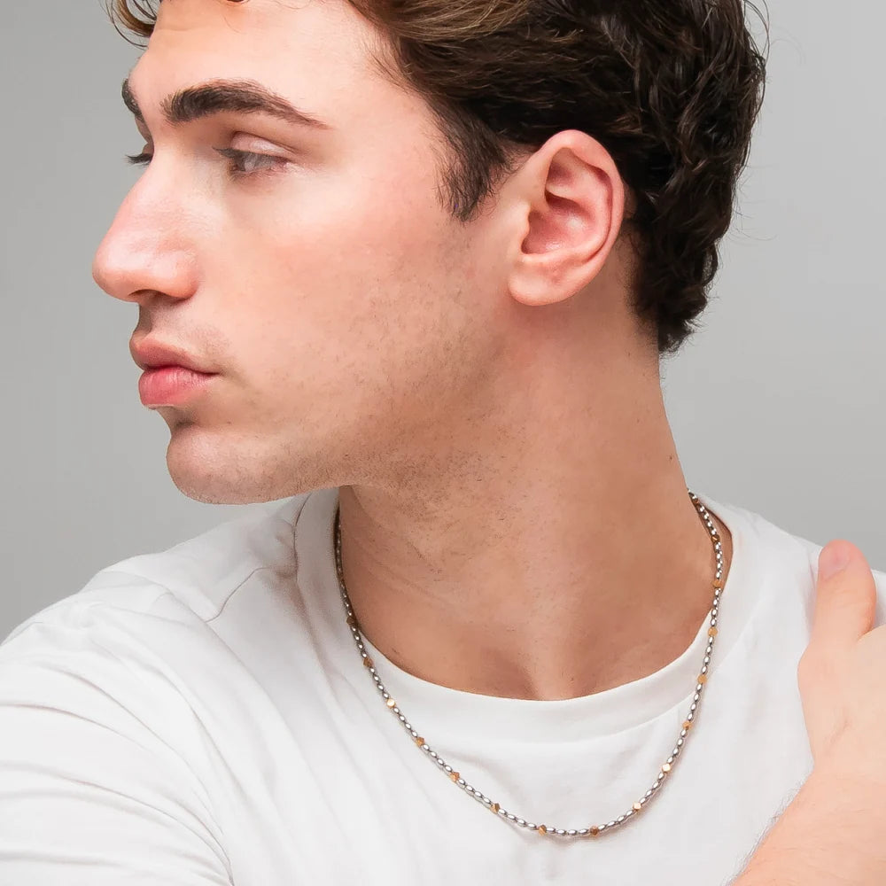 Collana Uomo Luca Barra Acciaio Maglia Chicchi Di Riso Con Ematite Pvd Oro