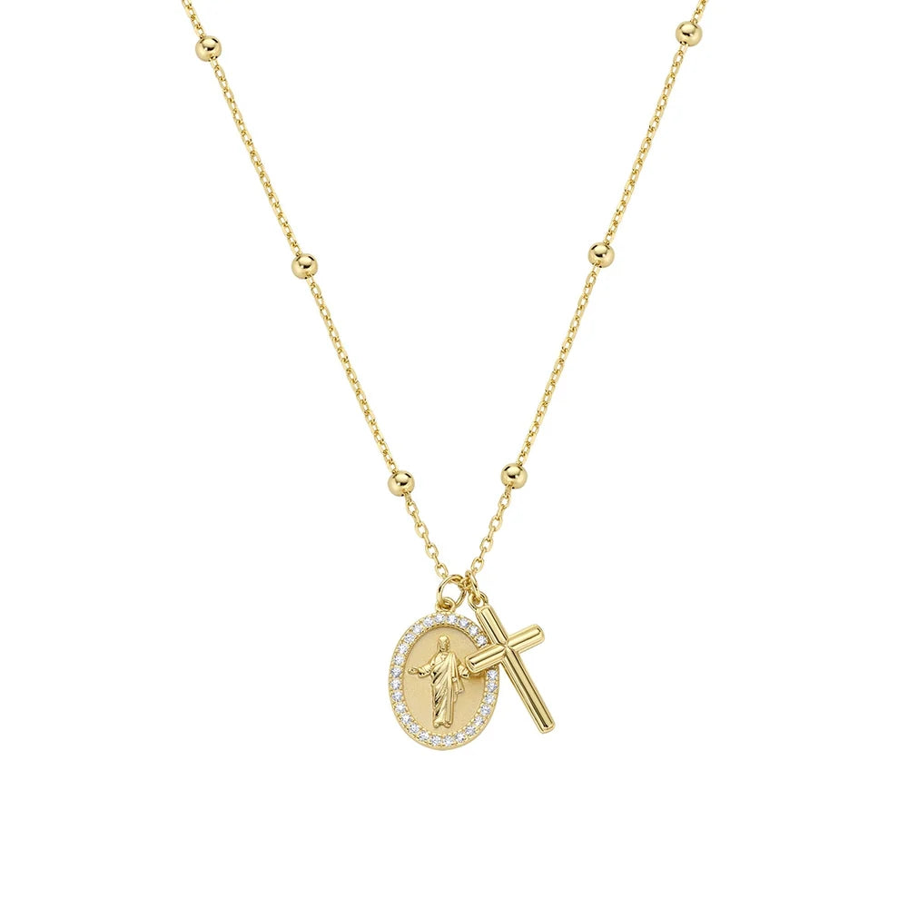 Collana Amen Sacri Argento Dorato Doppio Pendente Medaglia Madonna Miracolosa e Croce