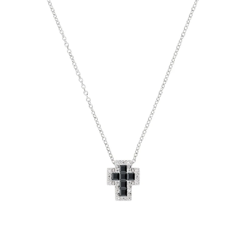 Collana Amen Croci Argento Pendente Croce Piccola Zirconi Bianchi/Neri