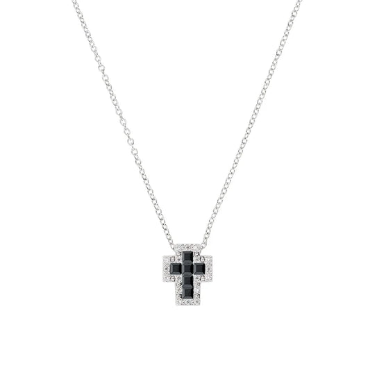 Collana Amen Croci Argento Pendente Croce Piccola Zirconi Bianchi/Neri