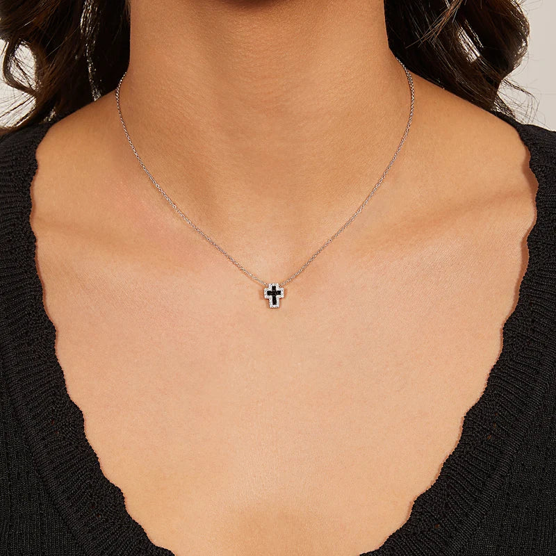 Collana Amen Croci Argento Pendente Croce Piccola Zirconi Bianchi/Neri
