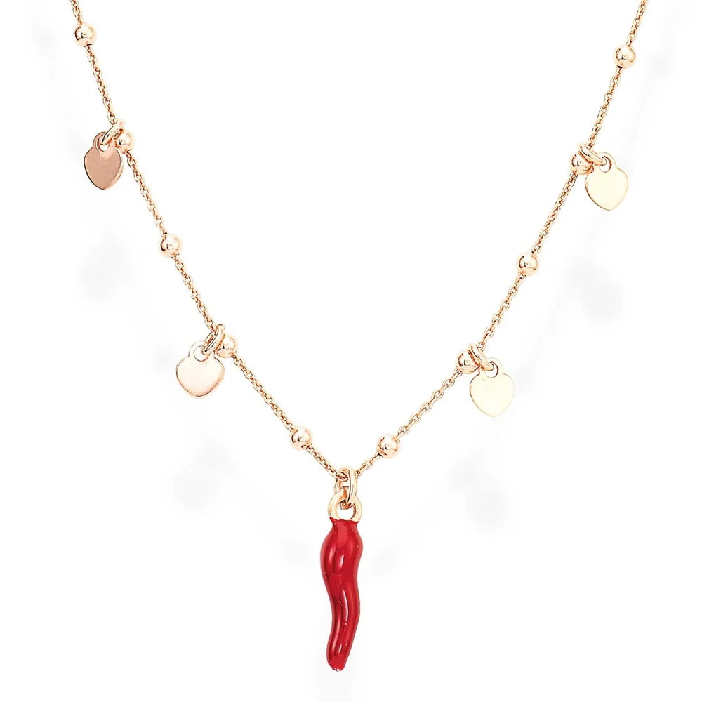 Collana Amen Argento Rosato 4 Cuori Pendenti + Corno Rosso Smaltato