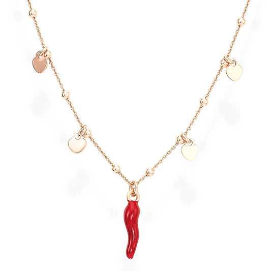 Collana Amen Argento Rosato 4 Cuori Pendenti + Corno Rosso Smaltato