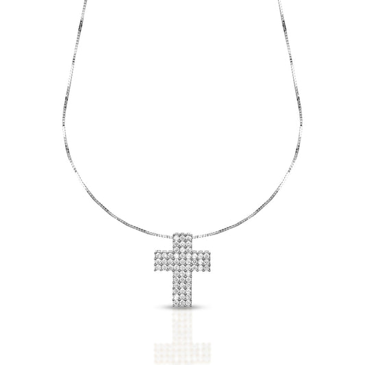 Collana Dana Prisma Unisex Oro Bianco 9 Kt Croce e Pietra Bianca